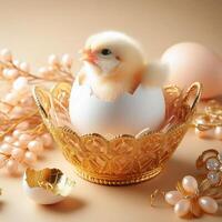 AI generated A chick is emerging from an egg in a golden basket. photo