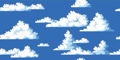 Pixel clouds pattern. Seamless print with 8 bit video game clouds concept art. Vector blue sky environment background texture