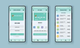 Neumorphism bank app interface design on realistic smartphone screen. Online payment with credit card. Financial application vector template