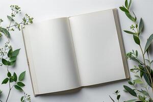 ai generado abierto blanco libro en mesa con con plantas foto