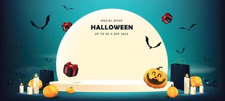 Happy Halloween sale banner moon night scene with product display and copy space vector