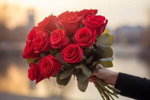 ai generado un ramo de flores de rojo rosas sostener en mano foto