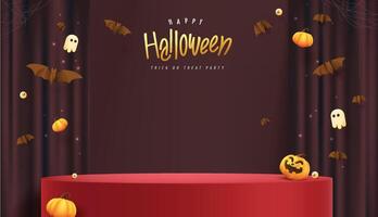 Happy Halloween banner with stage product display cylindrical shape and festive decoration for Halloween vector
