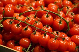 Fresh red organic cherry tomatoes on the counter in the supermarket. photo