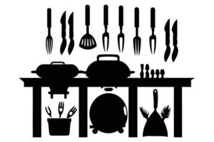 Silhouette of kitchen tools vector black elements, new, creative, restaurant tools silhouette, vector accessory hotel