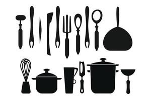 Silhouette of kitchen tools vector black elements, new, creative, restaurant tools silhouette, vector accessory hotel