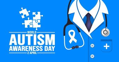 mundo autismo conciencia día antecedentes modelo con médico médico vestir y estetoscopio. celebrado en 2 abril. utilizar a fondo, bandera, tarjeta, saludo tarjeta, póster, libro cubrir, cartel. vector