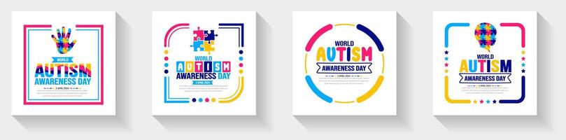 World autism awareness day typography sticker or social media post banner design template set celebrated in 2 April. use to background, banner, card, greeting card, poster, book cover, placard, frame. vector