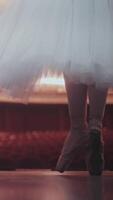 Elegant Ballet Movements. Ballerina's feet in pointe shoes move in dance on stage. Vertical format for the phone video