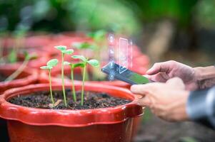 agricultura y moderno tecnología granjero utilizando inteligente agricultura tecnologías utilizando ai cheque el crecimiento de vegetales y frutas con inteligente granja tecnología foto