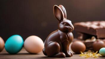AI generated Photo Of Chocolate Easter Bunny And Eggs Selective Focus. AI Generated
