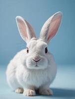 ai generado foto de blanco Conejo oído en pastel azul antecedentes Pascua de Resurrección día 3d representación. ai generado