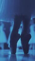 cerca arriba de hermosa ballet de bailarina piernas en punta. mujer practicas ejercicios en escenario. bailarina pies en zapatos. niña muestra clásico ballet pas. vertical formato para el teléfono. video