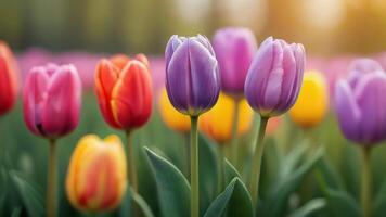 ai generado foto de Pascua de Resurrección vistoso tulipanes flor en prado pastel ligero Mañana ligero Bokeh. ai generado