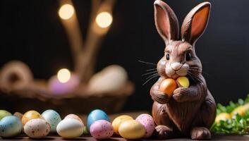 AI generated Photo Of Easter Bunny With Chocolate Eggs In The Est. AI Generated