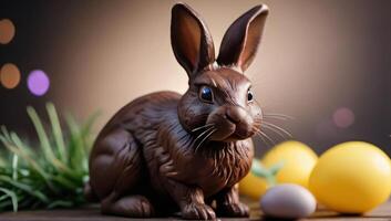 ai generado foto de Pascua de Resurrección conejito con chocolate huevos. ai generado