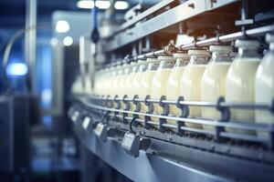 AI generated Milk factory. Robotic factory line for processing and bottling of milk. Selective focus. photo