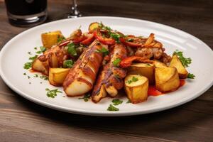 AI generated Grilled octopus with roasted potatoes and paprika. Spain food. photo