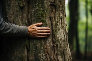 AI generated Nature lover hugging trunk tree photo