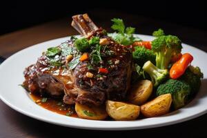 AI generated Roast lamb shank with herbs and vegetables. photo