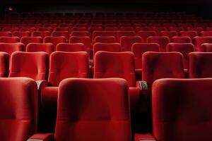 AI generated Empty burgundy seats in cinema photo