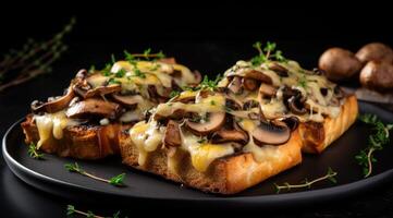 AI generated Mushroom toasts with cheese and fresh thyme on a black background, close-up. photo