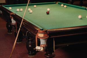 A pool table with balls that have already been played in the pool club.Playing billiards photo