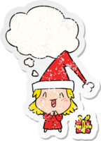 cartoon girl wearing christmas hat with thought bubble as a distressed worn sticker png