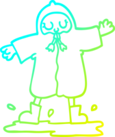 cold gradient line drawing of a cartoon person splashing in puddle wearing rain coat png