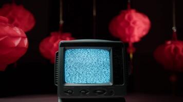 Turn On Static Tv With Chinese Lantern On Background video