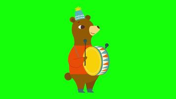 2D bear in animal party animation, green screen background, baby bear with dhol video