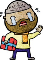 hombre barbudo de dibujos animados llorando con regalo de navidad png