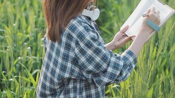 inteligente azienda agricola. contadino con tavoletta nel il campo. agricoltura, giardinaggio o ecologia concetto. raccolta. agro attività commerciale. video