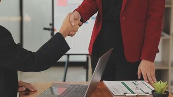 Close-up view of business partnership handshake, Photo of two businessman handshaking process. Successful deal after great meeting. Horizontal, flare effect, blurred background handshake concept. video