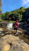 motion background nature people are relaxing near the waterfall video