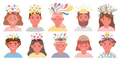 Positive thinking and mental health concept with people portraits. Open head with happy and creative thoughts, rainbow and hearts vector set