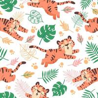 Baby tiger seamless pattern. Cute childish cartoon tigers, paw prints and tropical leaves. Jungle animal, wild cats, kids vector wallpaper