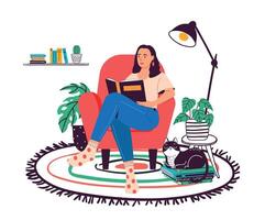 mujer leyendo libro a hogar. niña sentado en acogedor Sillón con literatura y relajante. moderno casa interior con plantas vector