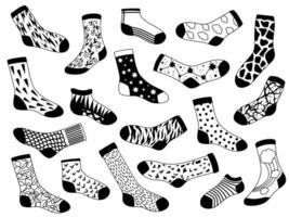 Sock sketch. Hand drawn long and short trendy socks with stars, lines and clouds. Outline stylish underwear. Warm cozy patterns vector set