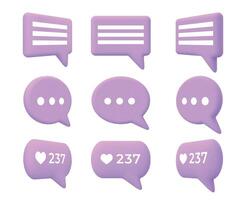 Chat or message speech bubble 3d turn animation. Cartoon comment box icon with likes count for social media or talk messenger app vector set