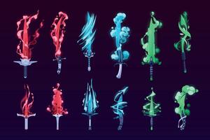 Glowing gaming swords. Magic fantasy shiny warrior weapon for game UI asset, medieval cartoon blade kit with fire flame neon blue light. Vector set