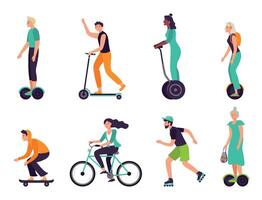 activo personas sano estilo de vida. eco simpático transporte, personas de diferente años montando moderno vehículos como scooter vector