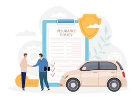 Car insurance policy. Man handshake with agent. Contract for safe and protect automobile from disaster or crash. Guarantee vector concept