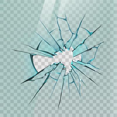Broken glass. Realistic crack on window, ice or mirror with sharp shards and hole. Smashed screen effect, shattered glass wall vector mockup
