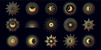 luna, Dom y estrellas, celestial boho línea elementos. elegante dorado místico astrología simbolos minimalista yoga tatuaje y logo diseño vector conjunto