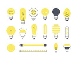Flat light bulb. Minimalistic abstract glowing electric device, various energy efficient LED light bulbs and strips with different connector. Vector light bulb logo