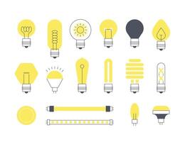 Flat light bulb. Minimalistic abstract glowing electric device, various energy efficient LED light bulbs and strips with different connector. Vector light bulb logo