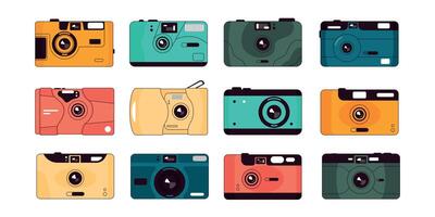 Point and shoot camera. Hipster retro camera with plastic lens, old travel photography equipment for photo shoot. Vector flat sticker set