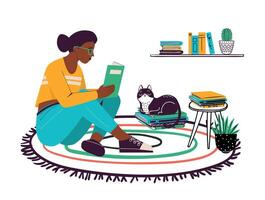 Woman reading book at home. Young female character sitting on carpet with textbook. Student girl wearing glasses preparing for exams vector