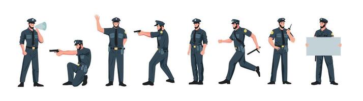 Policeman characters. Cartoon police officer in different poses, cartoon patrol cop and guard person in uniform doing security justice job. Vector set